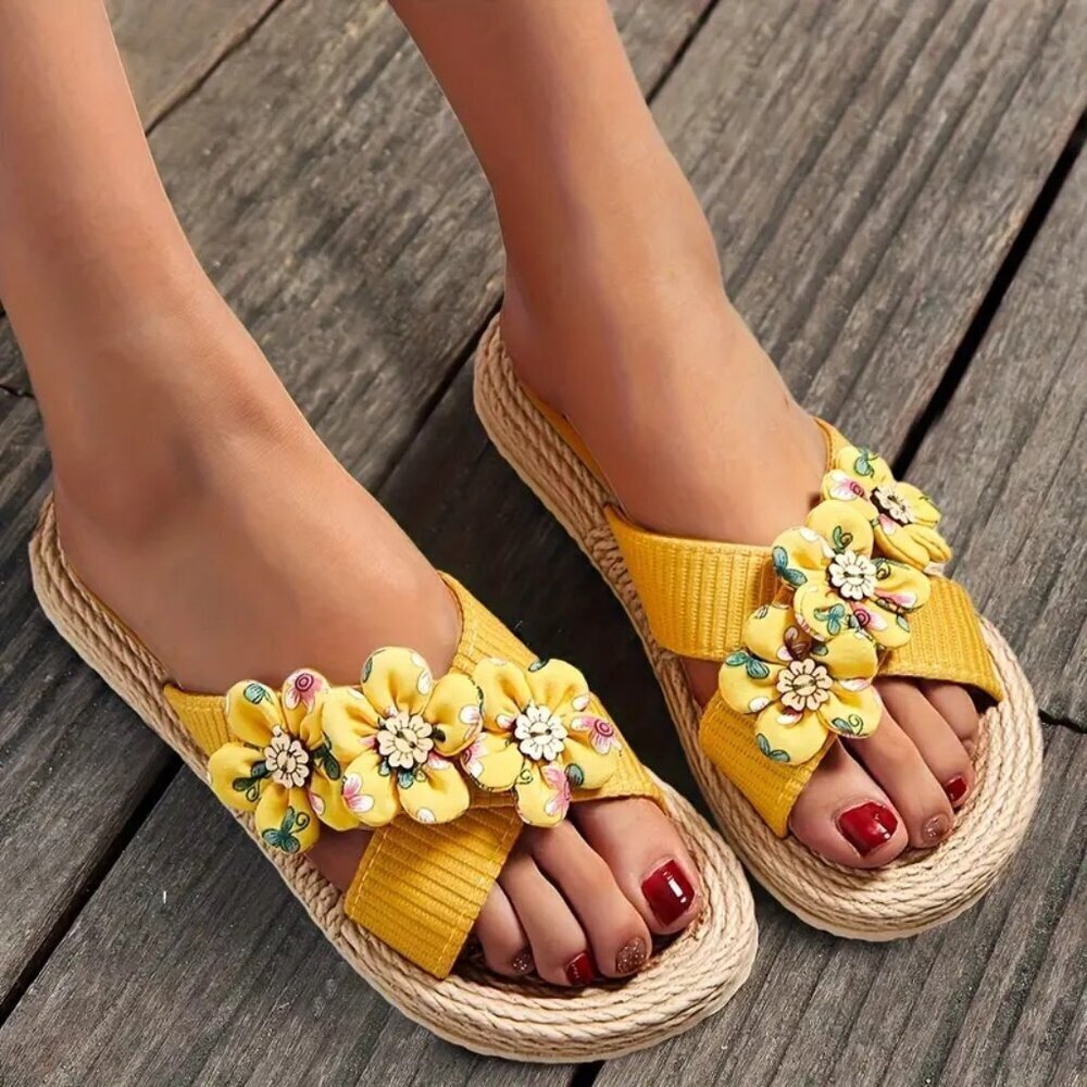 Yellow Floral Embellished Slide Sandals Open Toe Summer Resort Shoes Women